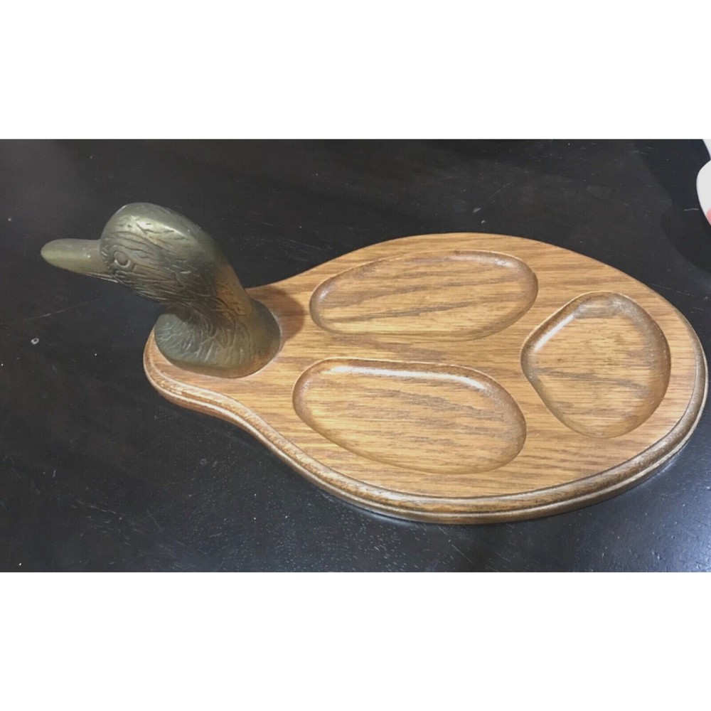MCM Vintage Brass Duck Head Wood Valet Dresser Jewelry coin Tray